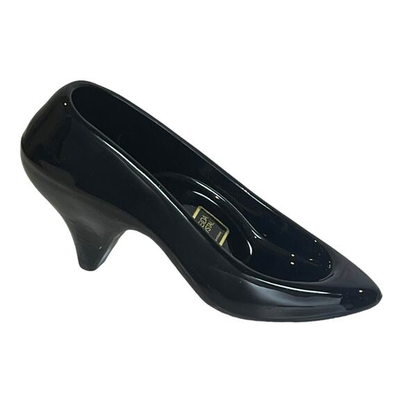 NEW Oneida Black Blown ART GLASS SLIPPER SHOE Ring Box Wedding Cake Topper Decor - Picture 1 of 13
